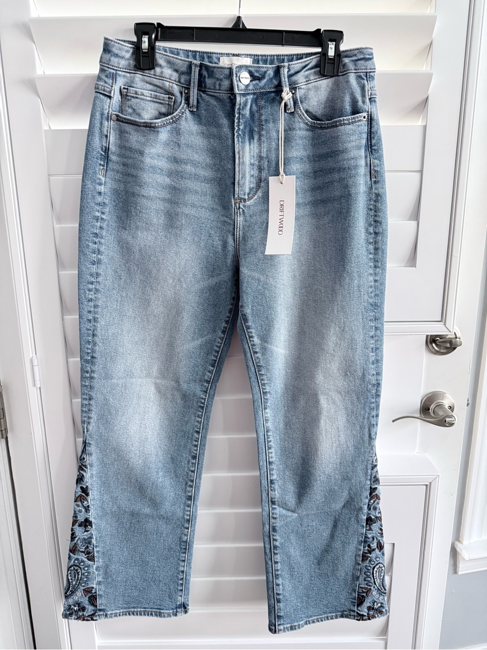 DRIFTWOOD Light Blue Straight Leg Jeans with Embroidered Side Panels